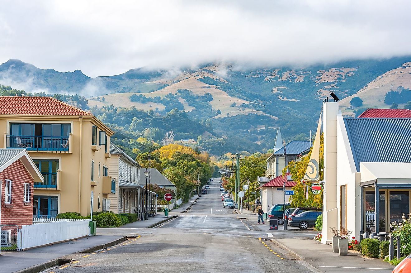  A street in the center of Akaroa, New Zealand.
