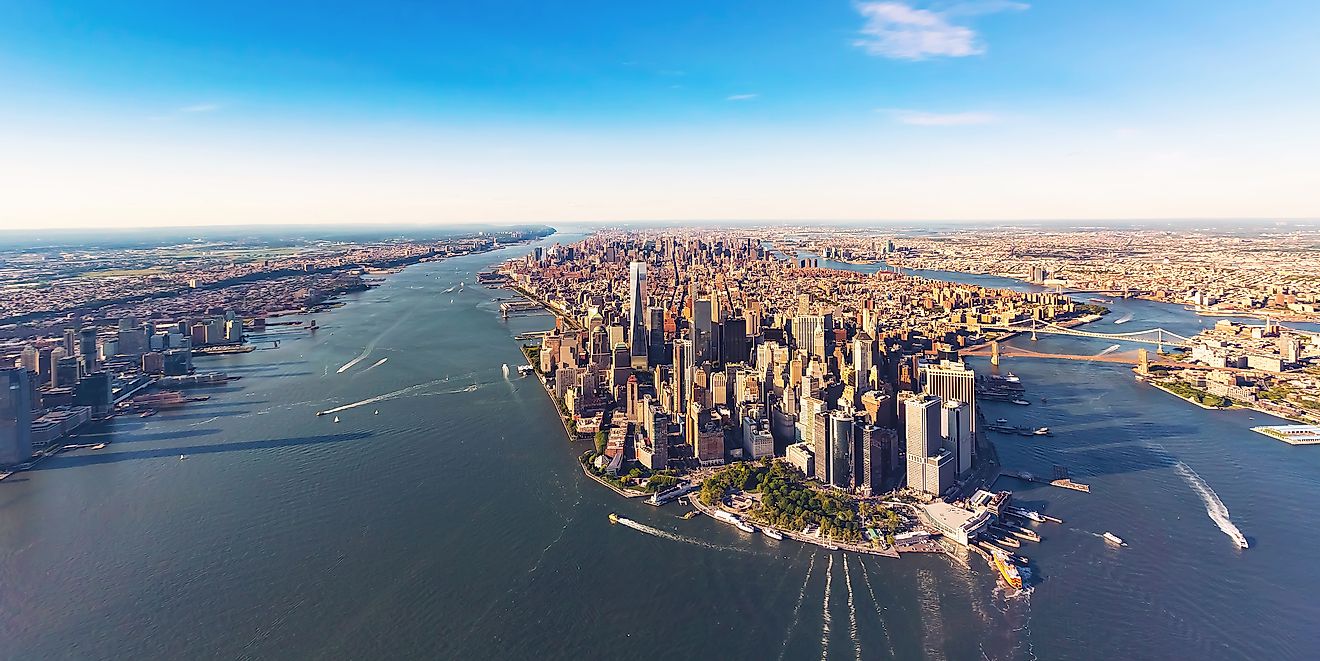 Aerial view of New York City and the Hudson River.