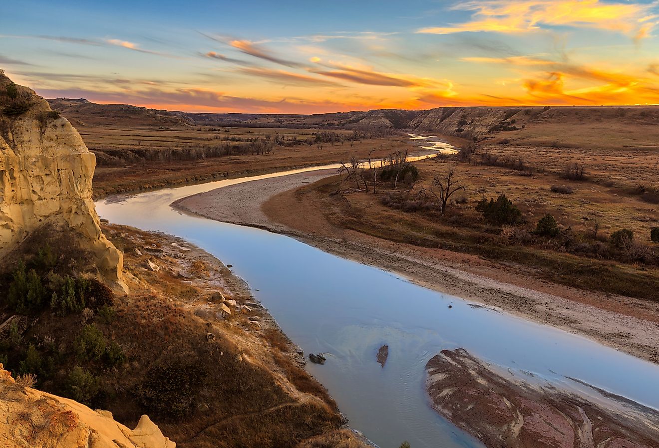 The Little Missouri River cuts through Theodore Roosevelt National Park, North Dakota. Image credit ZakZeinert via Shutterstock.