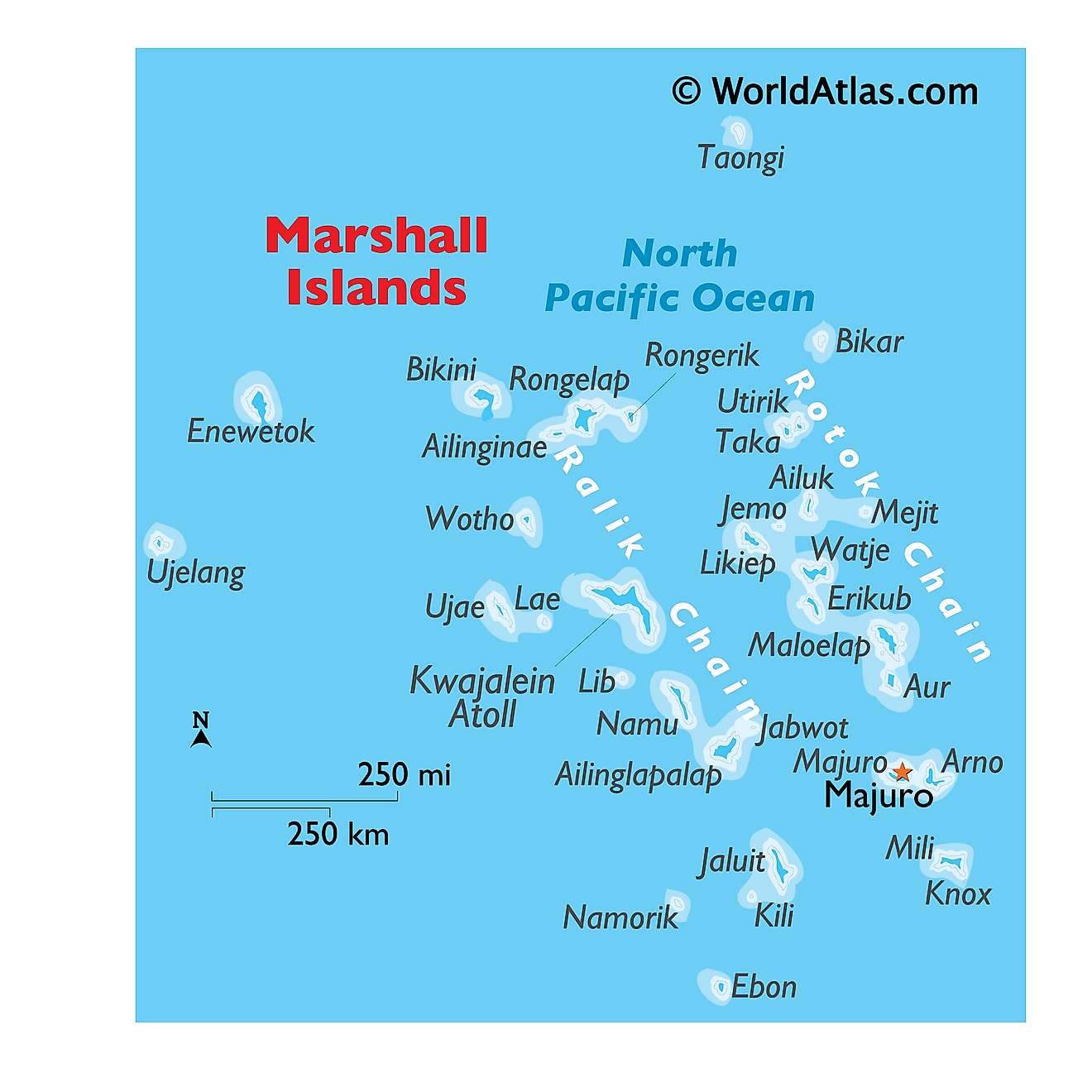Physical Map of the Marshall Islands showing the main islands and atolls.
