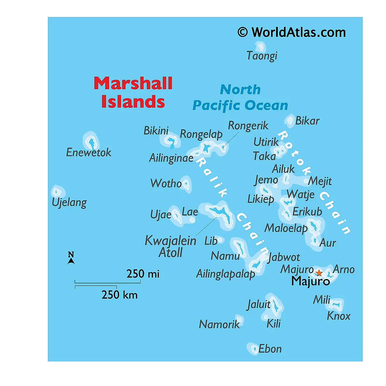 Physical Map of the Marshall Islands showing the main islands and atolls.