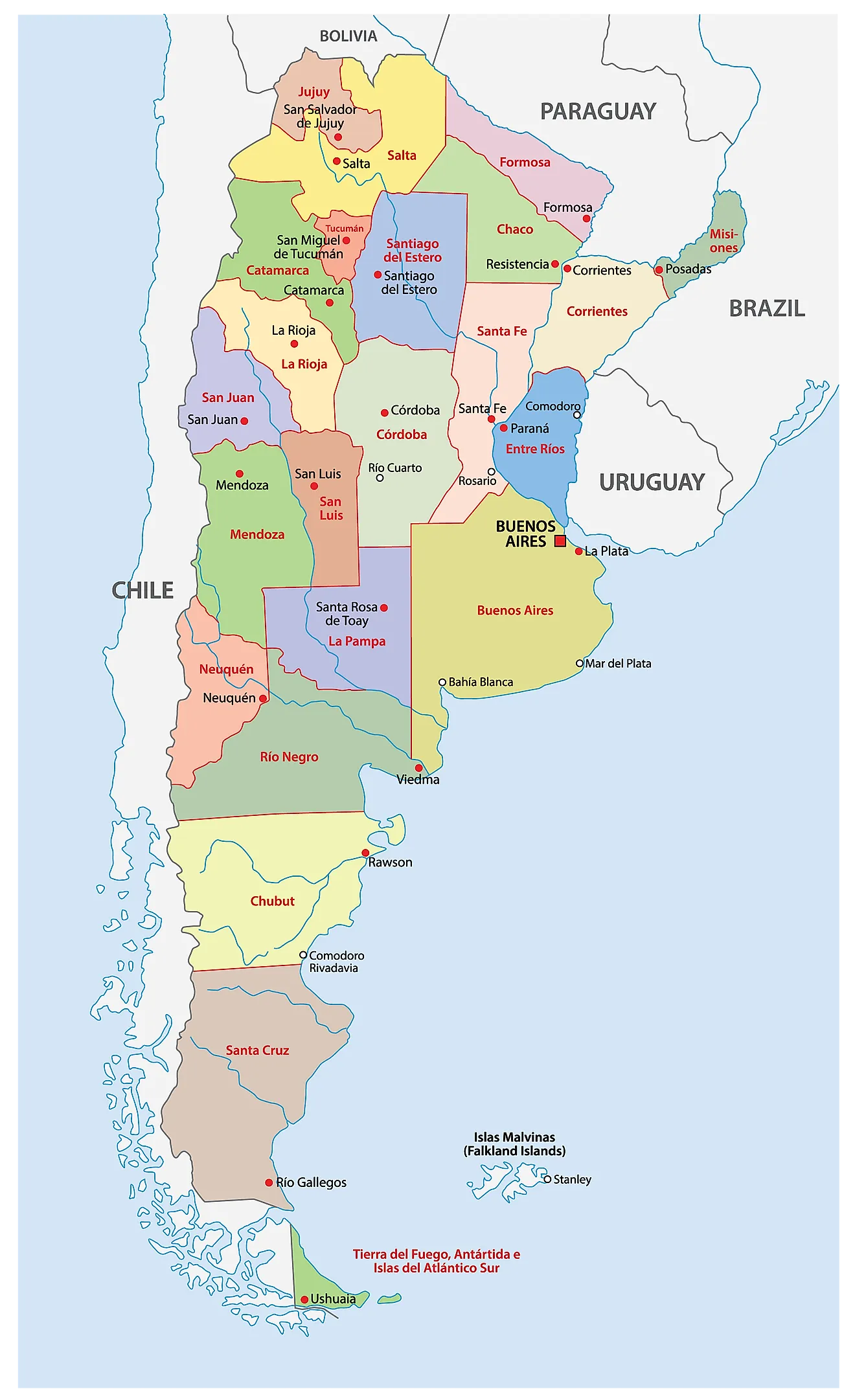 Political Map of Argentina showing it's 23 provinces and the capital city of Buenos Aires.