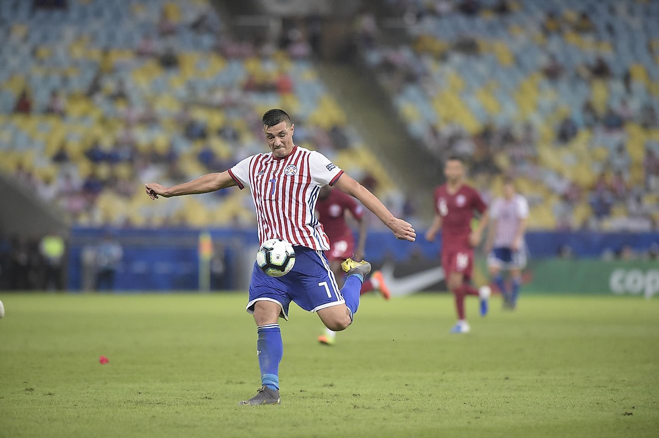 Iturbe Arevalos of Paraguay kicks the ball during the 2019 Copa America Group B game between Paraguay and Qatar at Maracana Stadium. Image credit: A.RICARDO/Shutterstock.com