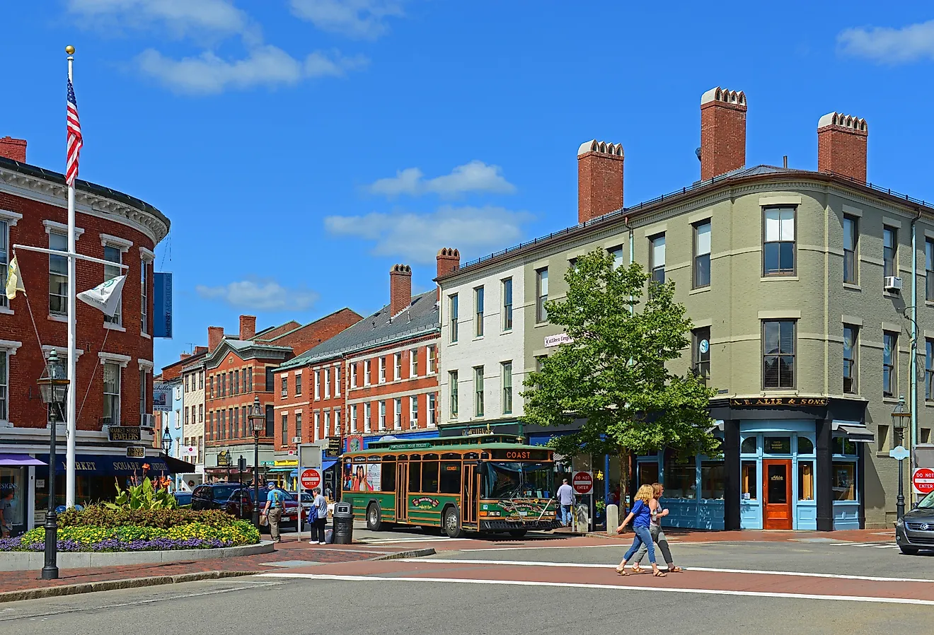 Historic buildings on Market Street at Market Square in downtown Portsmouth, New Hampshire. Image credit Wangkun Jia via Shutterstock