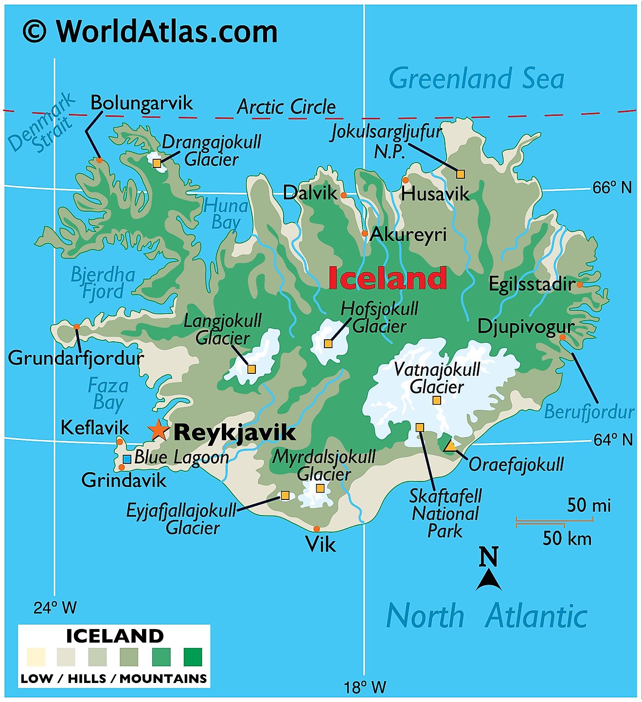Mapa físico de Islandia que muestra terreno, montañas, puntos extremos, glaciares, fiordos, bahías, etc.