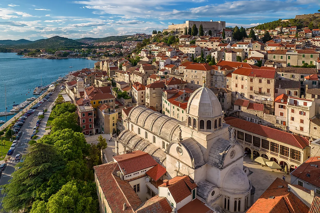 Aerial view of the Cathedral of Saint James at sunset in Šibenik old town, Dalmatia, Croatia