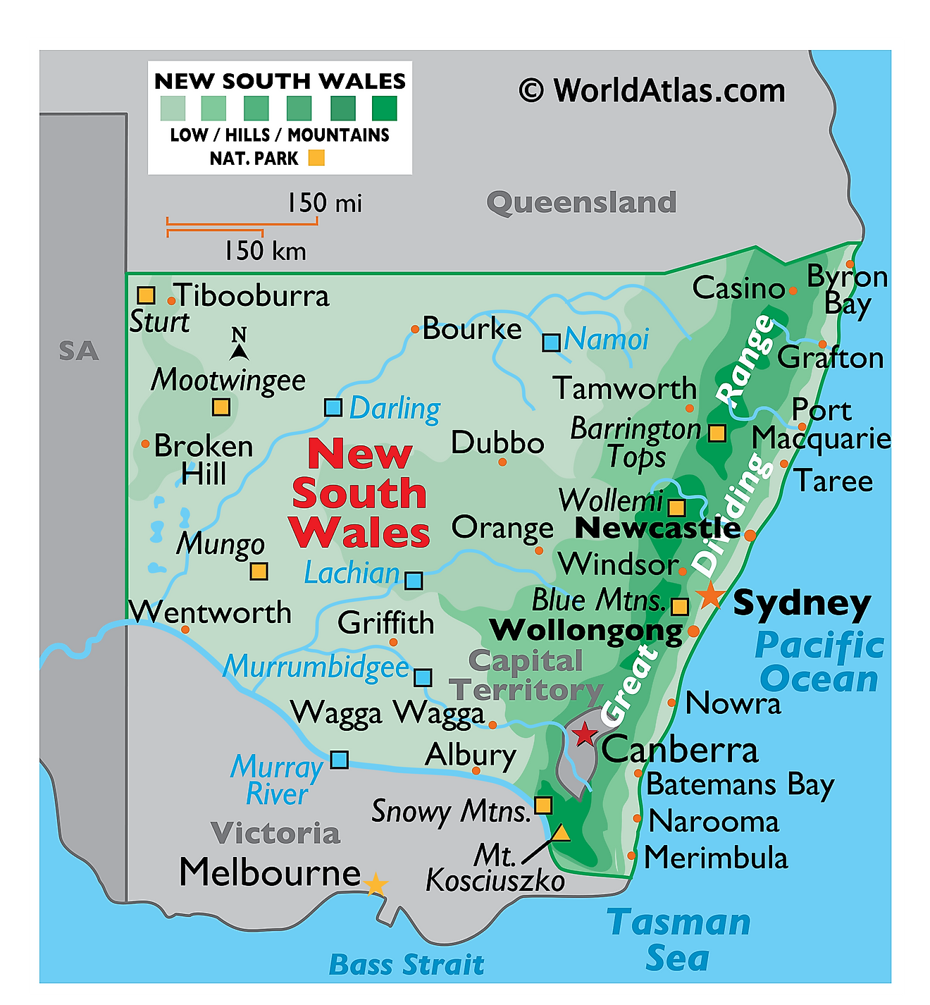 Physical Map of New South Wales. It shows the physical features of New South Wales, including mountain ranges, Western Plains and significant rivers. 