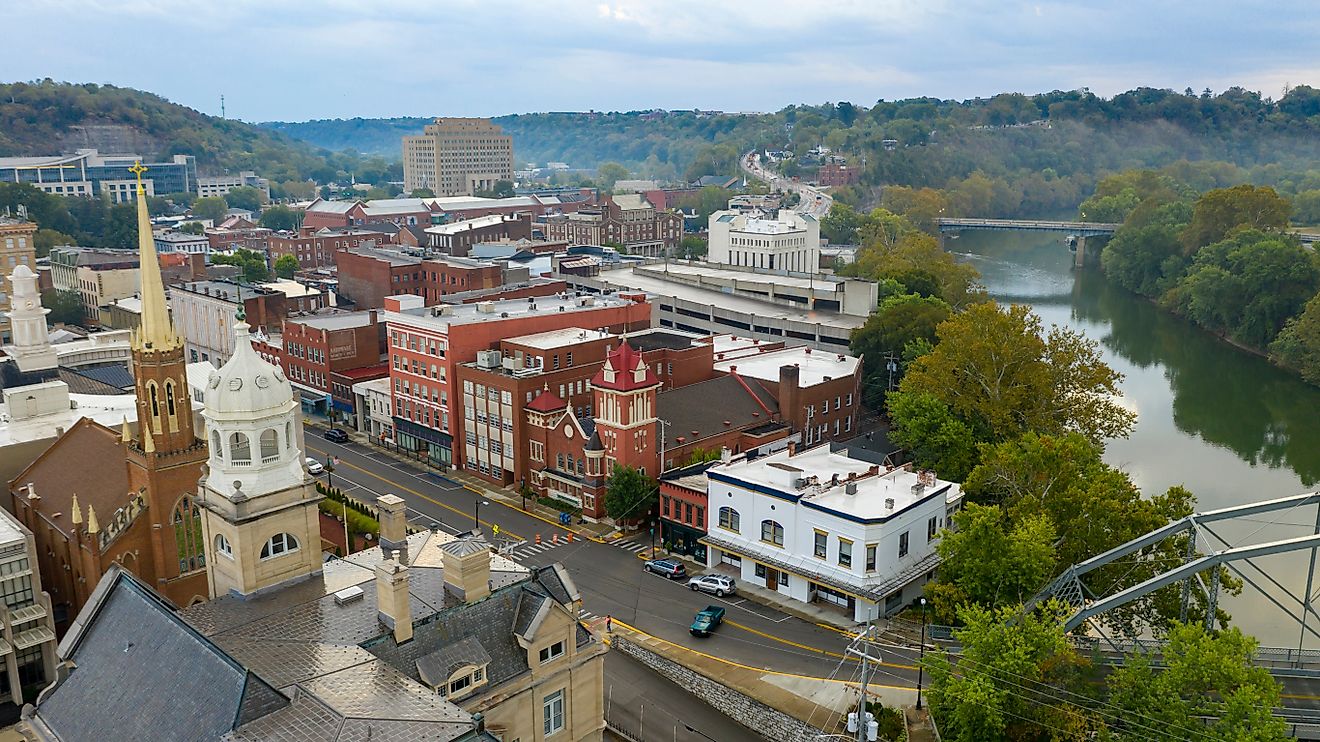 Aerial view of businesses along the Kentucky River in Frankfort, Kentucky.