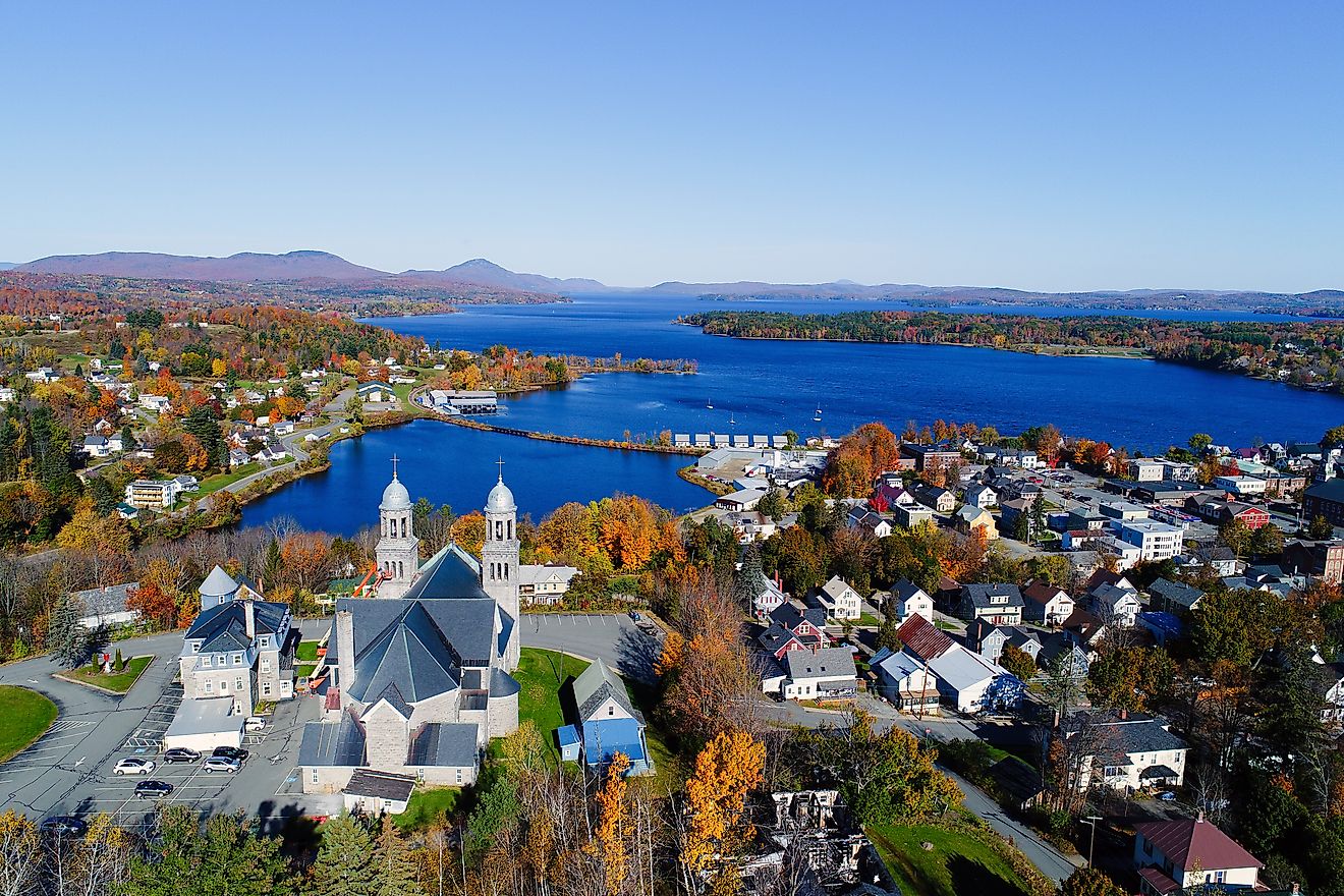 Aerial view of Lake Memphremagog in Newport, Vermont.