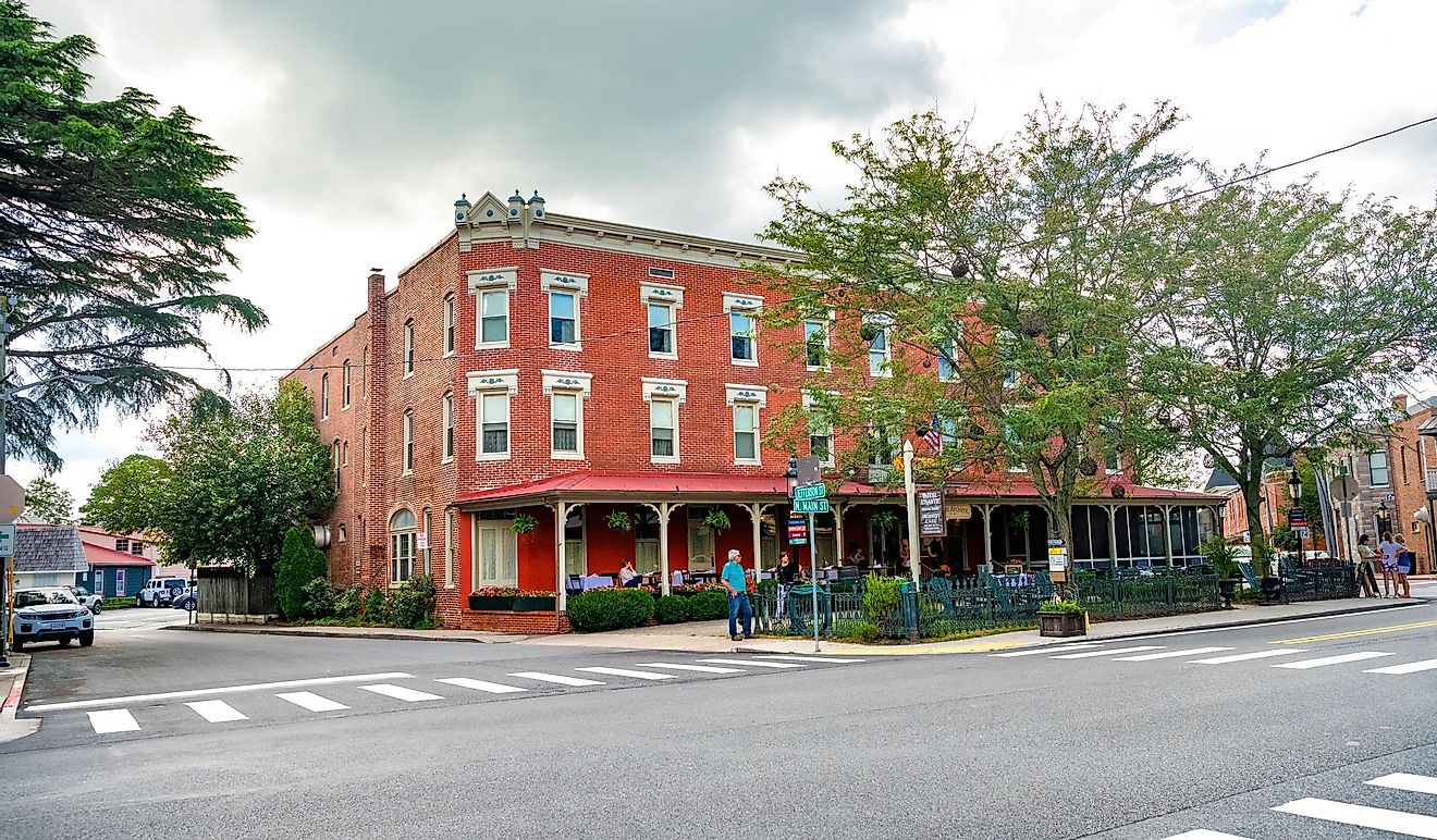 Historic downtown Berlin in Maryland. Brick buildings, hotel. Small shops for tourists. Editorial credit: Kosoff / Shutterstock.com
