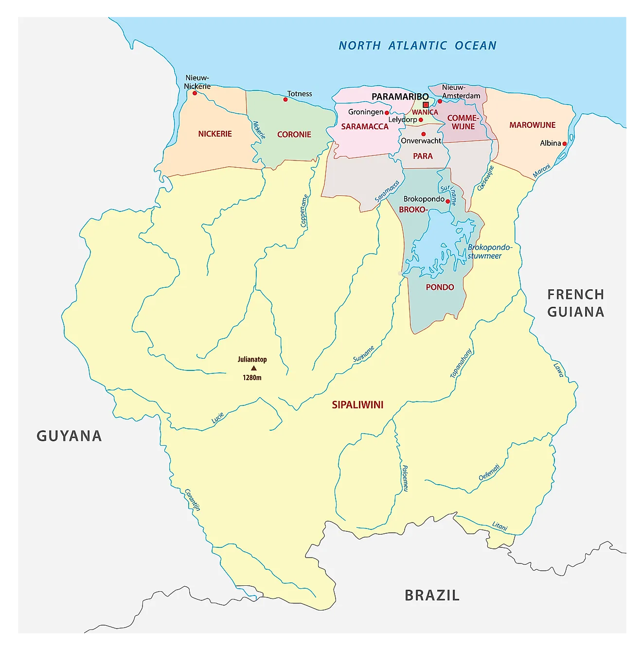 Political Map of Suriname showing its 10 districts and the capital city of Paramaribo.