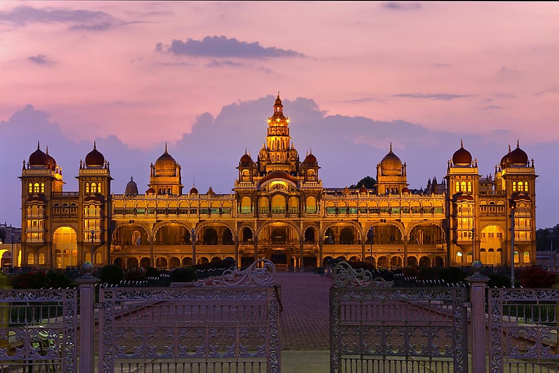 The grand exterior of the famous Mysore Palace in Mysore, Karnataka, India.