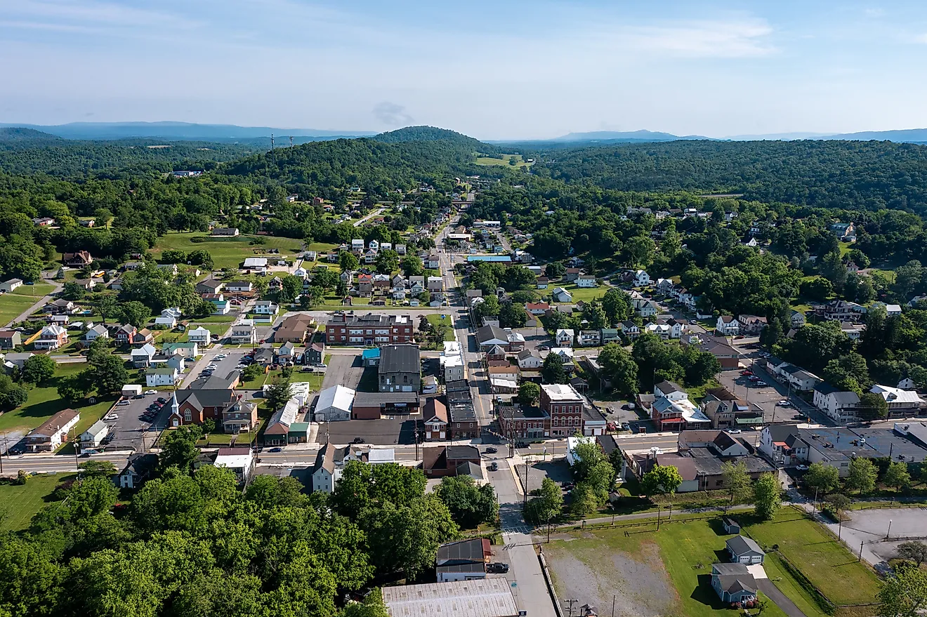 Aerial view of Hancock, Maryland and surrounding hills.