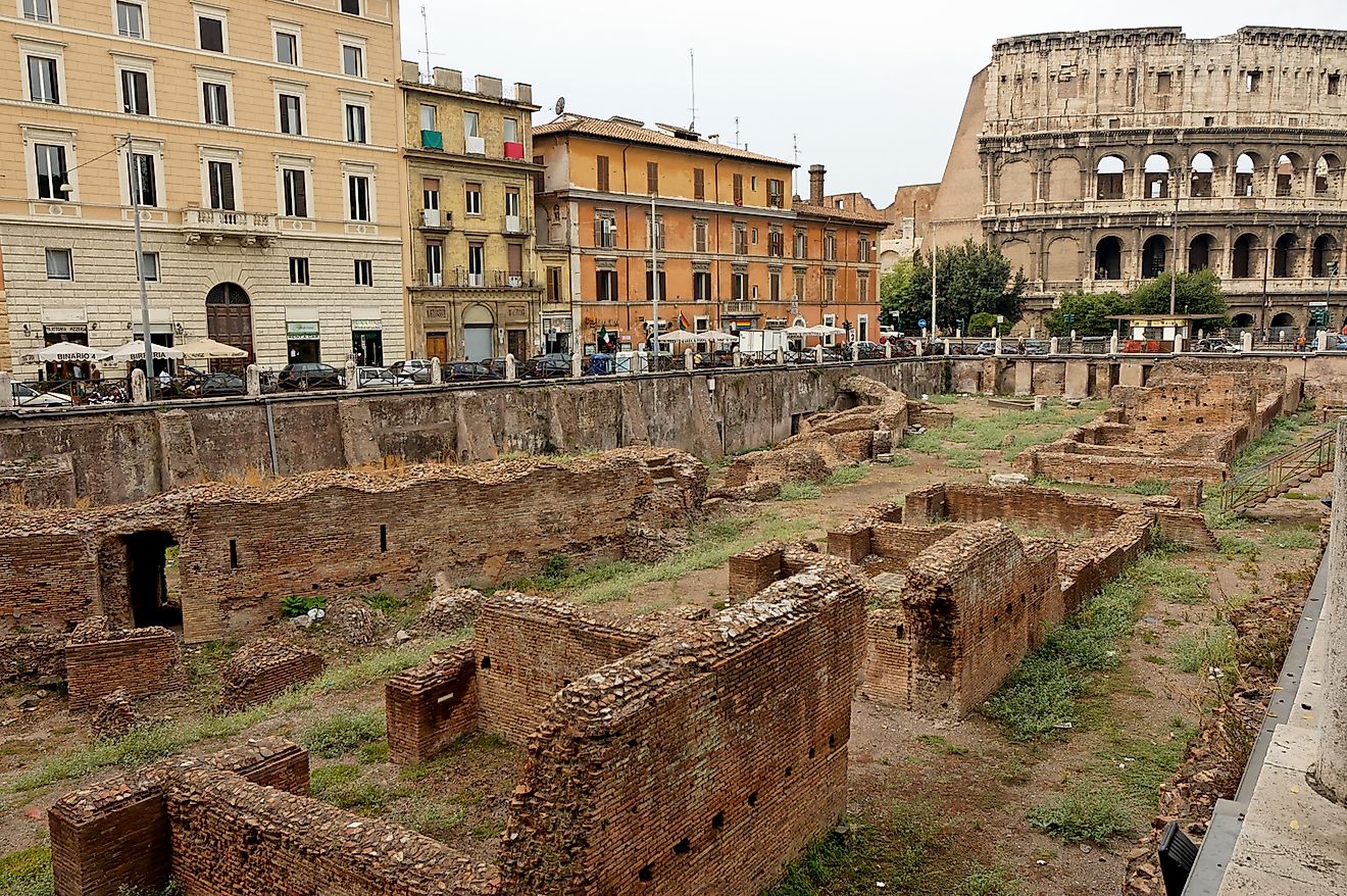 The Ludus magnus in Rome: barracks for gladiators built by Emperor Domitian (81–96 CE), view from Via Labicana. In the background, the Colosseum.