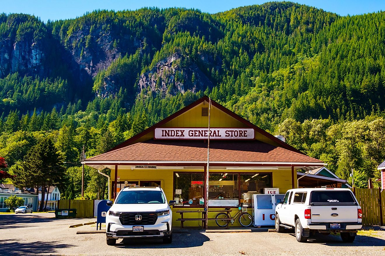 Front view of the Index General Store in the town of Index, Washington. Editorial credit: Danita Delimont / Shutterstock.com