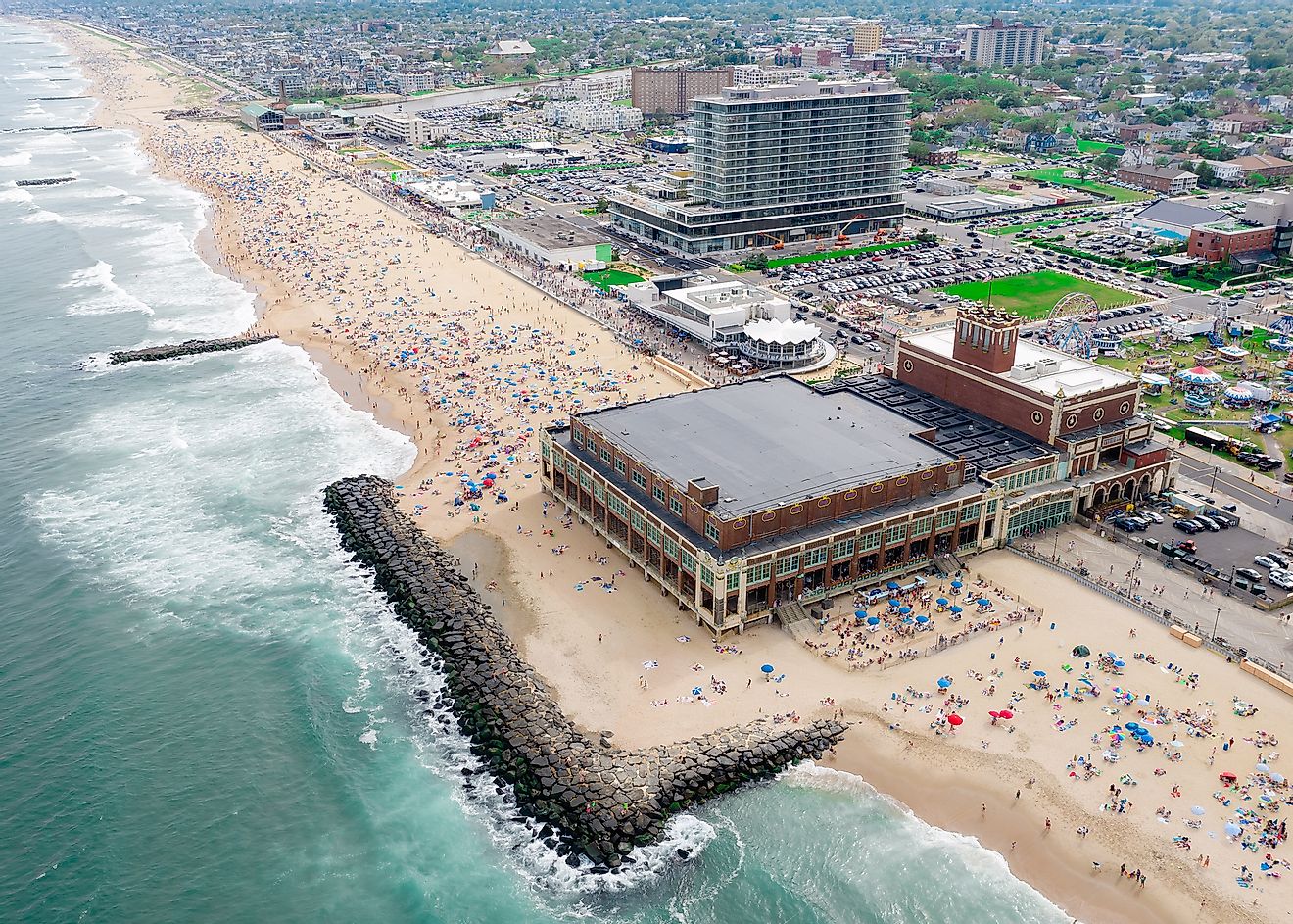 Aerial view of beach goers in Asbury Park, New Jersey.