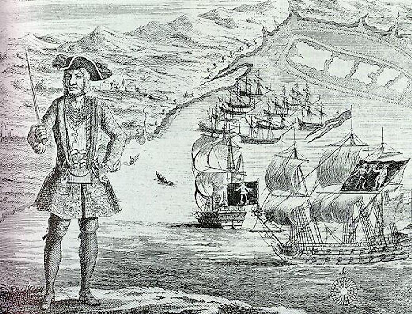 Bartholomew Roberts with his ship and captured merchant ships in the background. Image credit: Engraved by Benjamin Cole (1695–1766)/Public domain