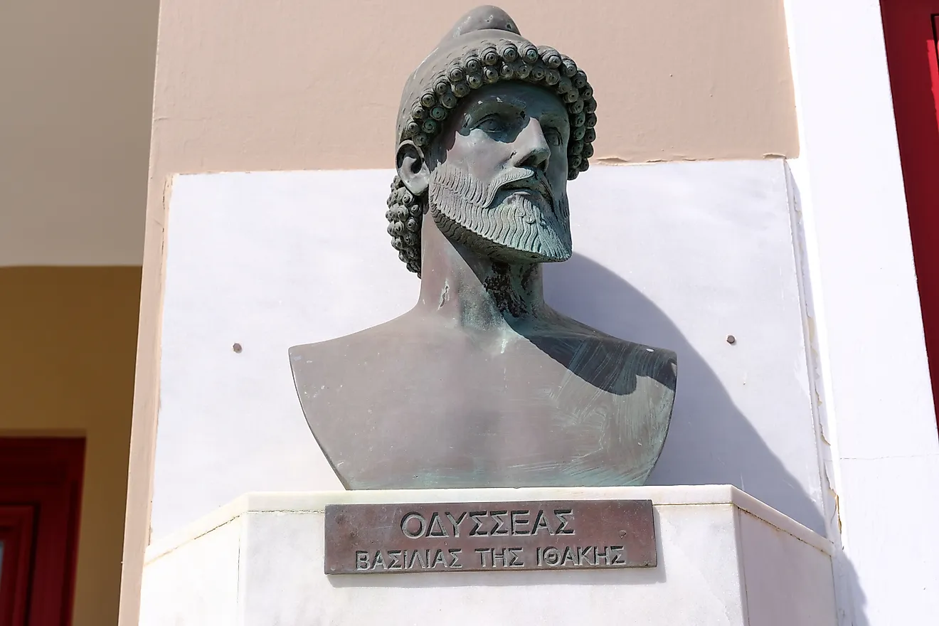 A staute of Odysseus in front of town hall of Ithaka, Greece. 