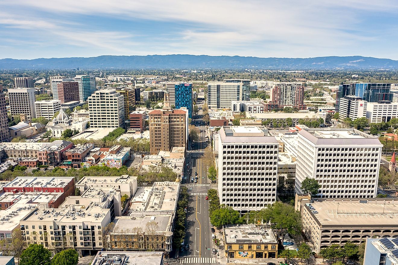 Aerial view of downtown San Jose on a clear day, south of San Francisco Bay, California. 