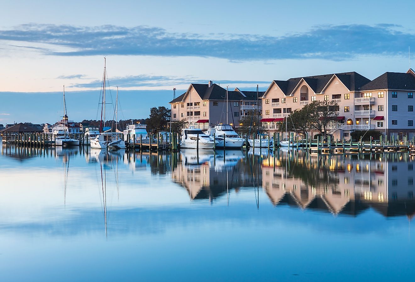 View of the town of Manteo's waterfront marina at daybreak in the Outer Banks of North Carolina.