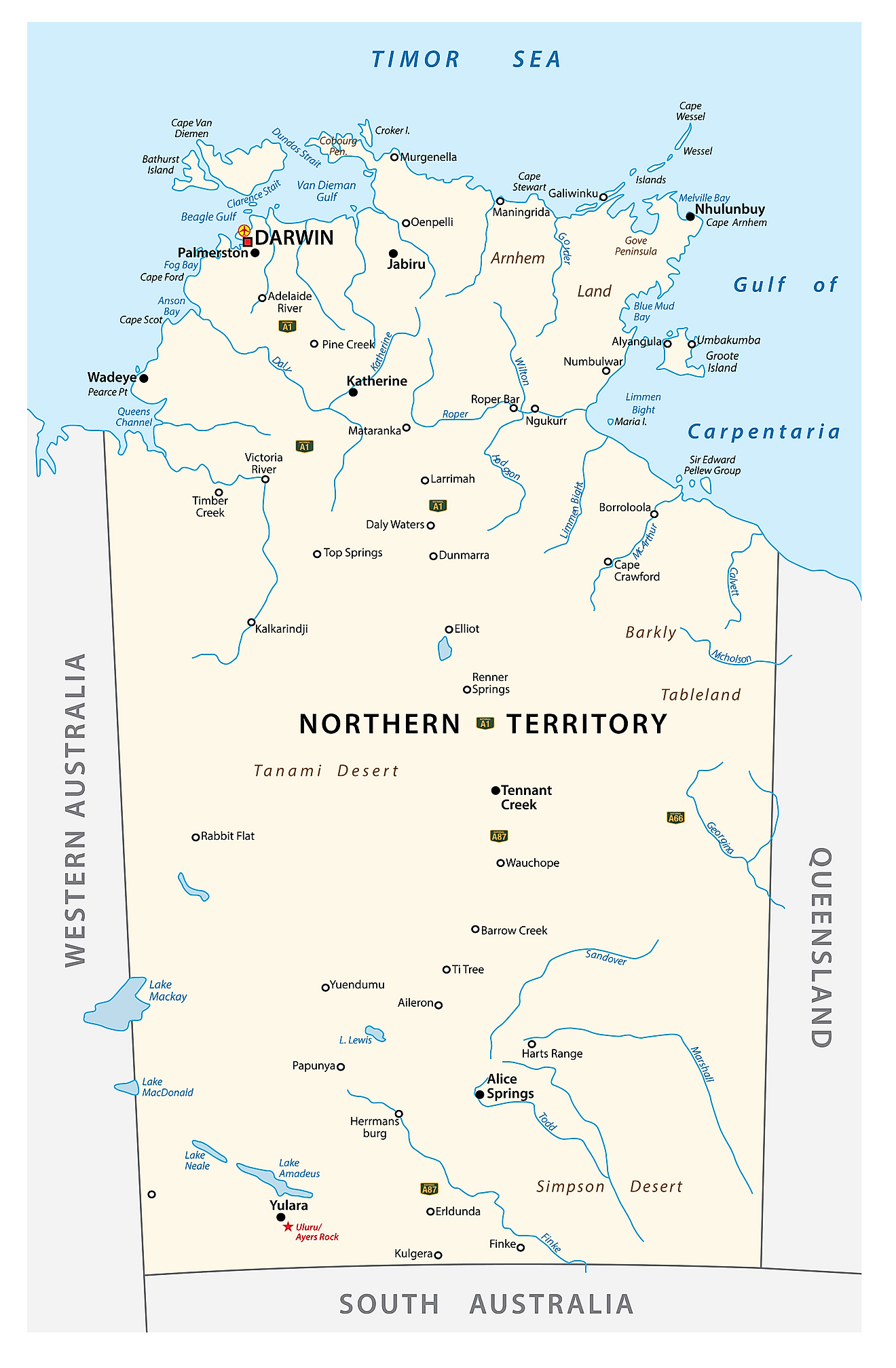 Administrative Map of Northern Territory showing its various cities/towns including the capital city - Darwin