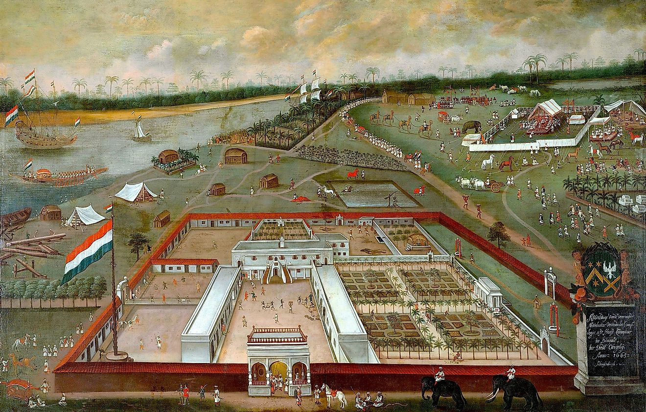 A factory entrepôt, a basic example of colonialism illustrating its different elements, hierarchies and impact to the land and people (the Dutch V.O.C. factory in Hugli-Chuchura, Bengal, in 1665).