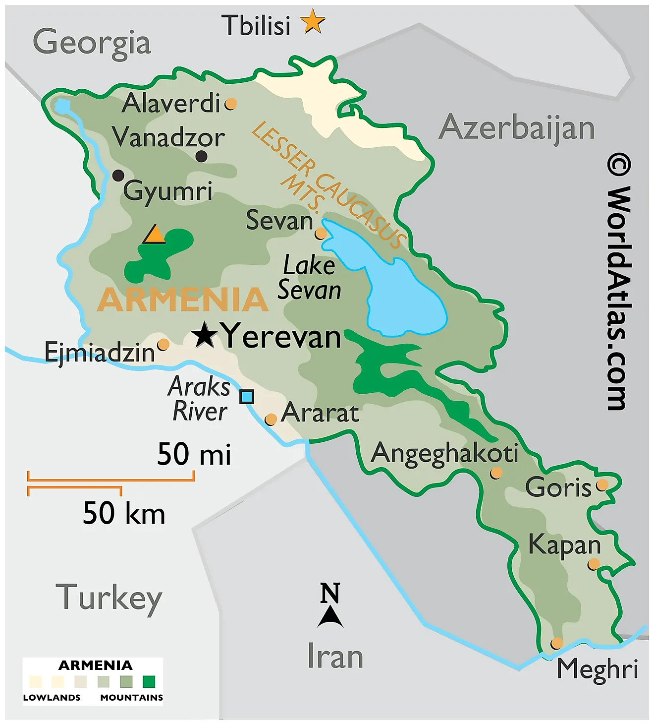 Mapa físico de Armenia que muestra los límites estatales, el relieve, los ríos principales, las cadenas montañosas, las ciudades importantes, etc.