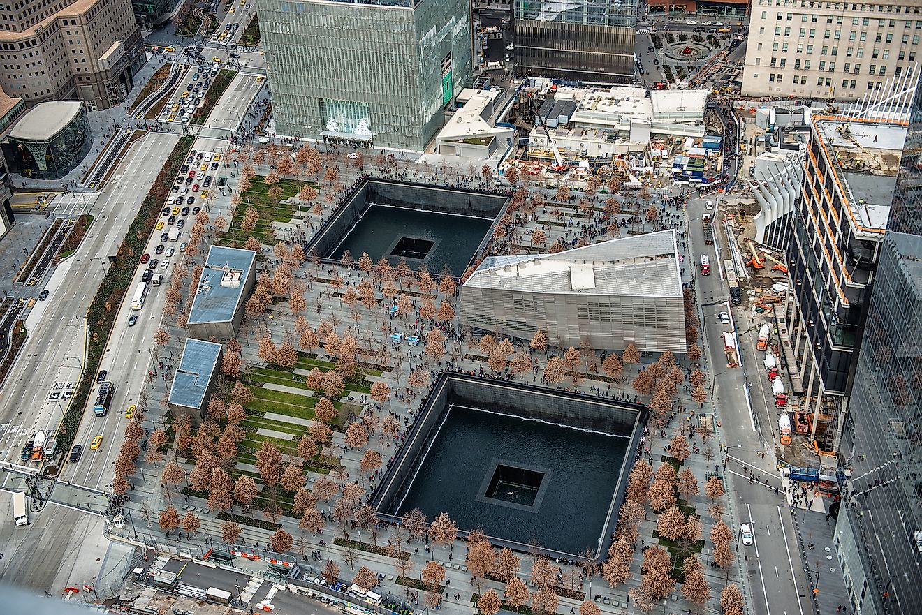 9/11 Memorial park, aerial view in Manhattan New York City. Image credit: Nick Starichenko/Shutterstock.com