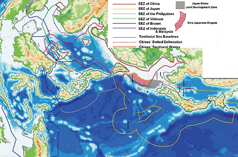 Map of overlapping EEZ regions off the coast of East Asia, including the South China Sea. Where lies are crossed, disputes are sure to ensue!