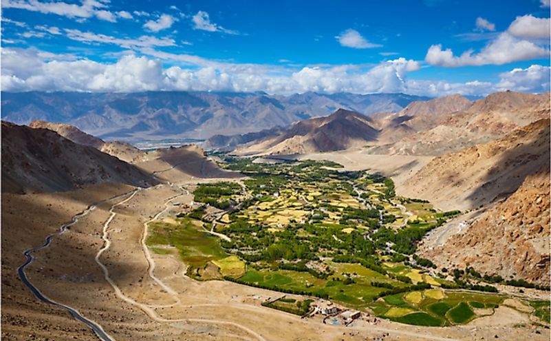 View of green Indus valley and Leh city from ascend to Kardung La pass.