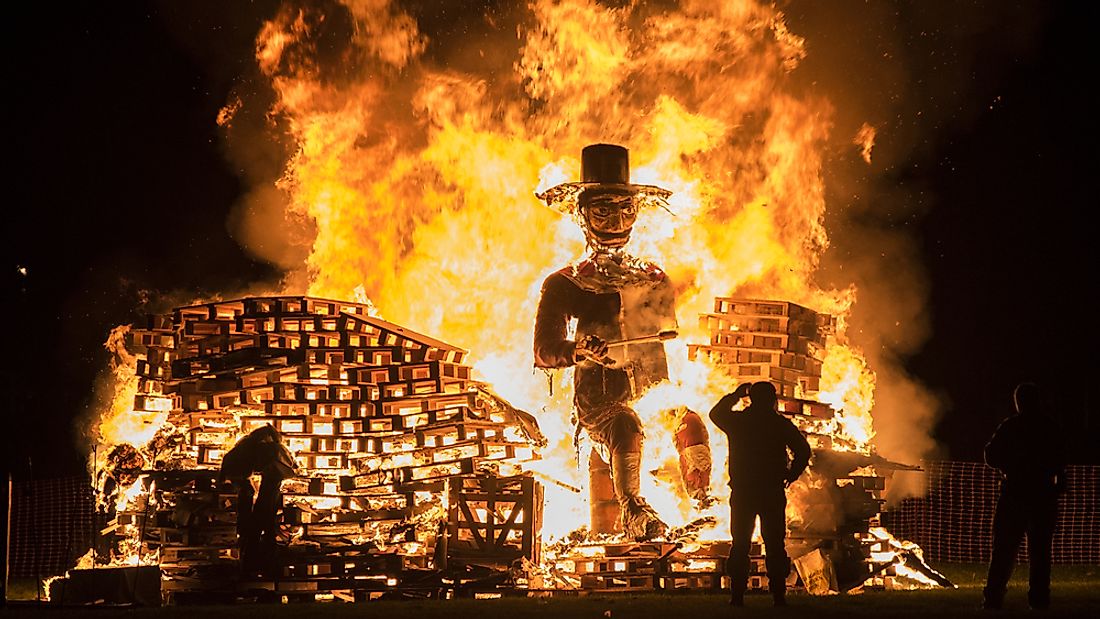 Straw dummies representing Fawkes are burned in fires across the United Kingdom on Guy Fawkes Night.