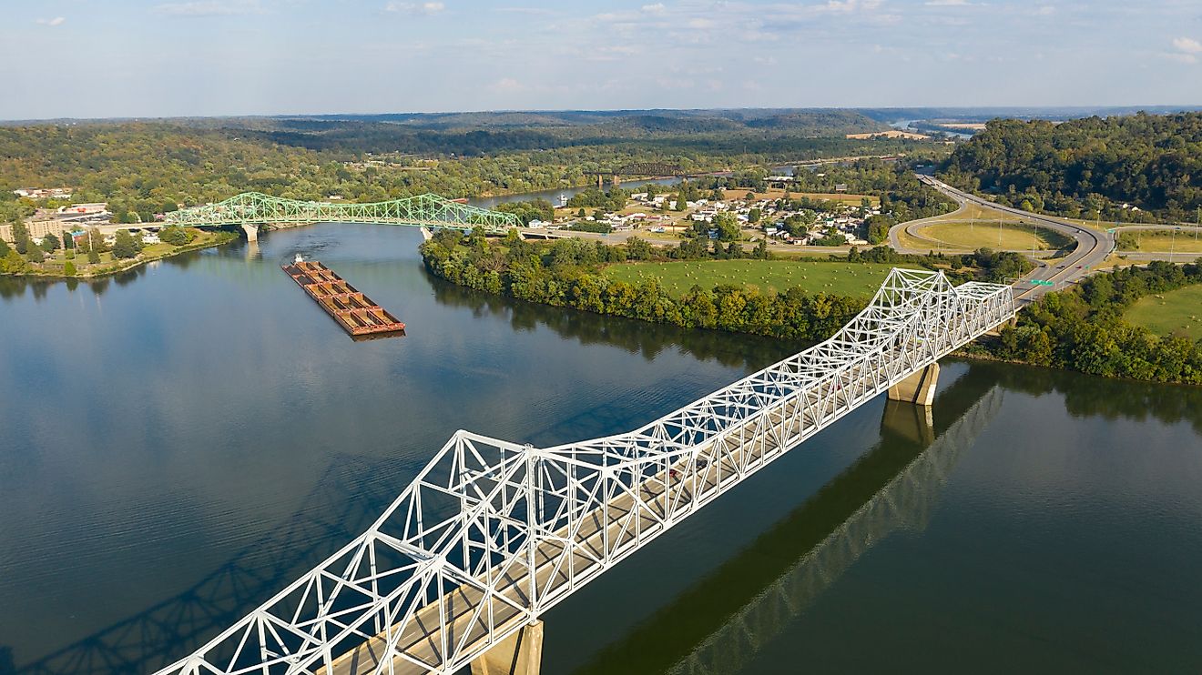 Aerial view of the Ohio River flowing by Gallipolis.