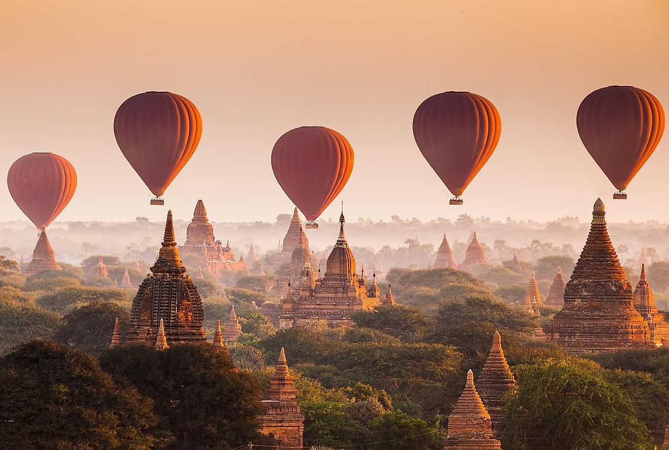 Hot air balloons over the plain of Bagan in Myanmar. Image credit: lkunl/Shutterstock.com