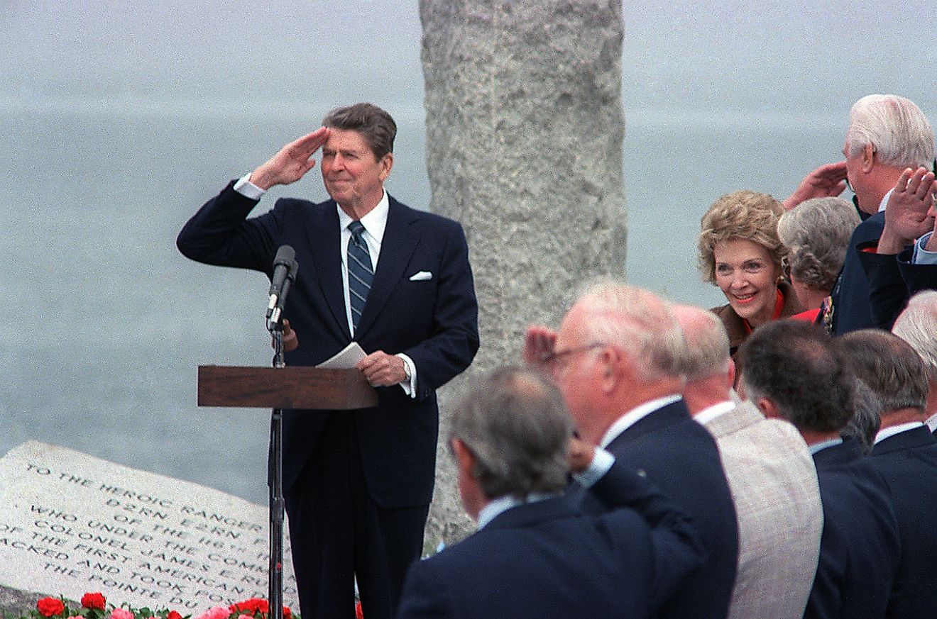 President Ronald Reagan salutes during a ceremony commemorating the 40th anniversary of D-day, the invasion of Europe. Image credit: SPC 5 Vincent R. Kritts, US Military/Public domain