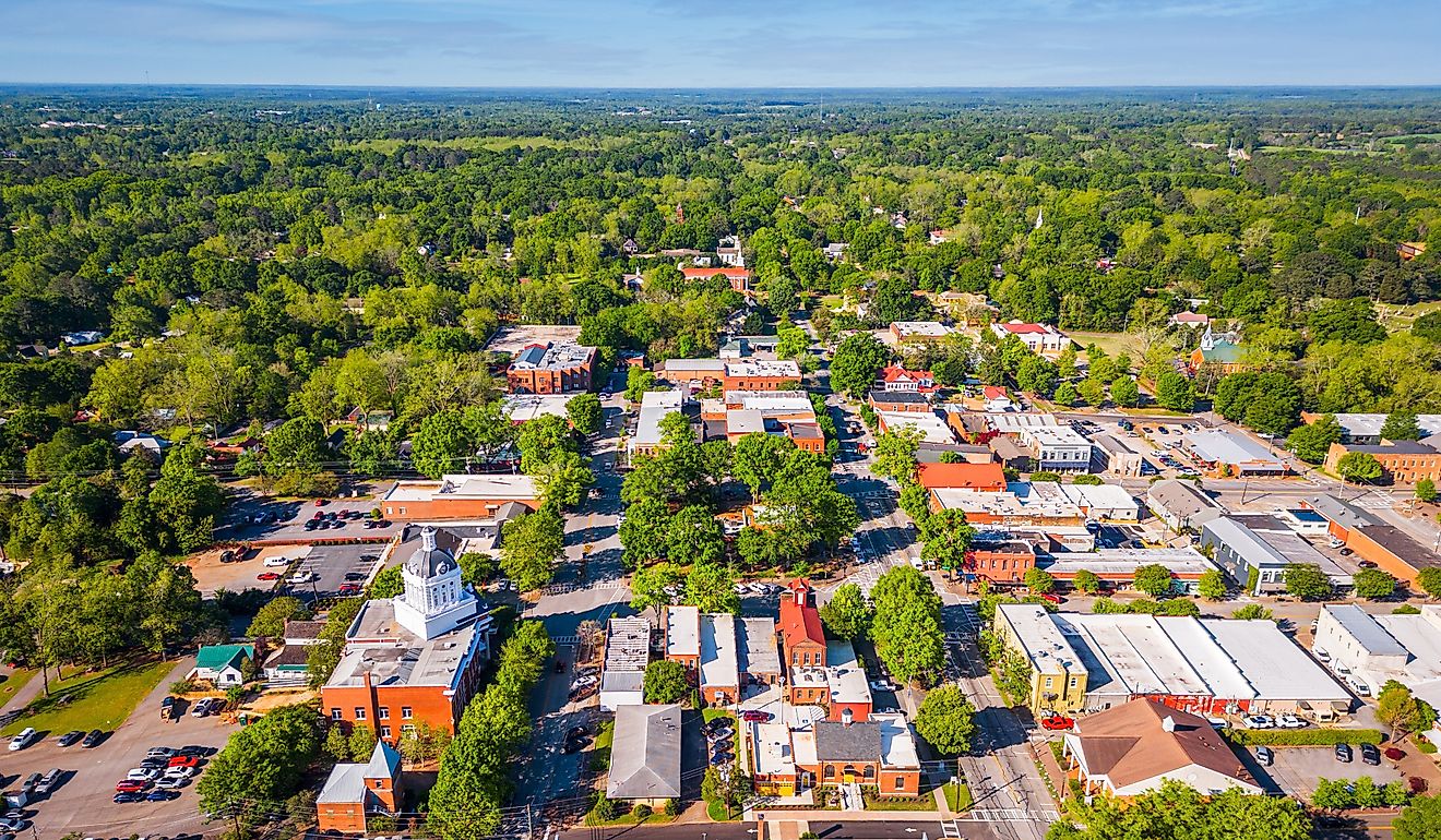 Aerial view overlooking the downtown historic district in Madison, Georgia.