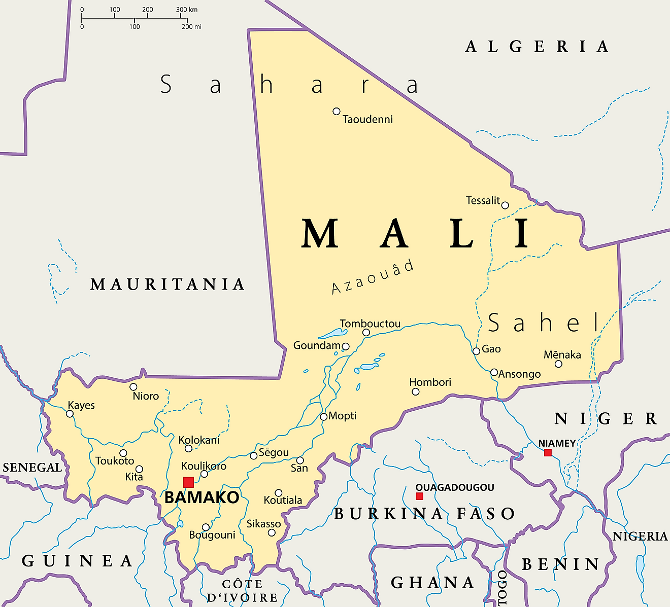 Map of Mali with bordering countries.