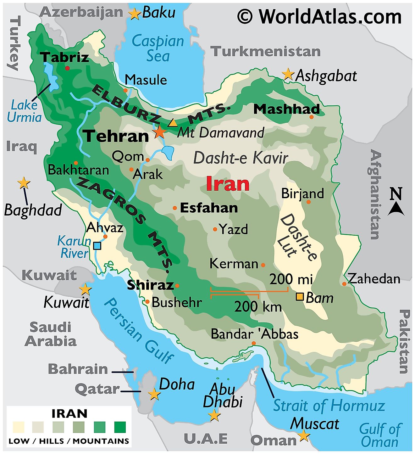 Physical Map of Iran showing state boundaries, relief, major rivers, important cities, extreme points, mountain ranges, etc.
