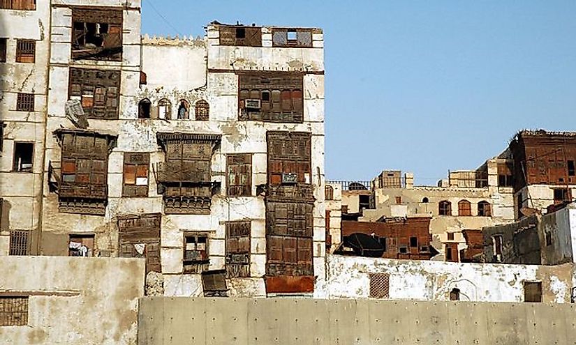 Traditional coral-and-wood houses in historic Jeddah.