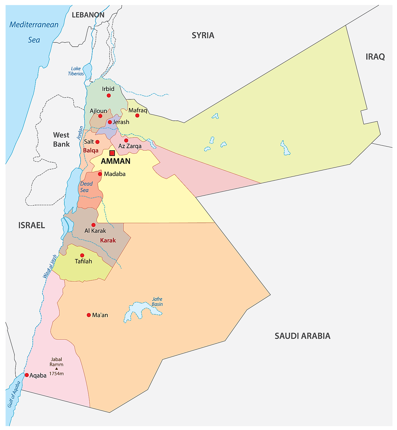 Mapa político de Jordania que muestra 12 gobernaciones y la capital nacional de Amman.