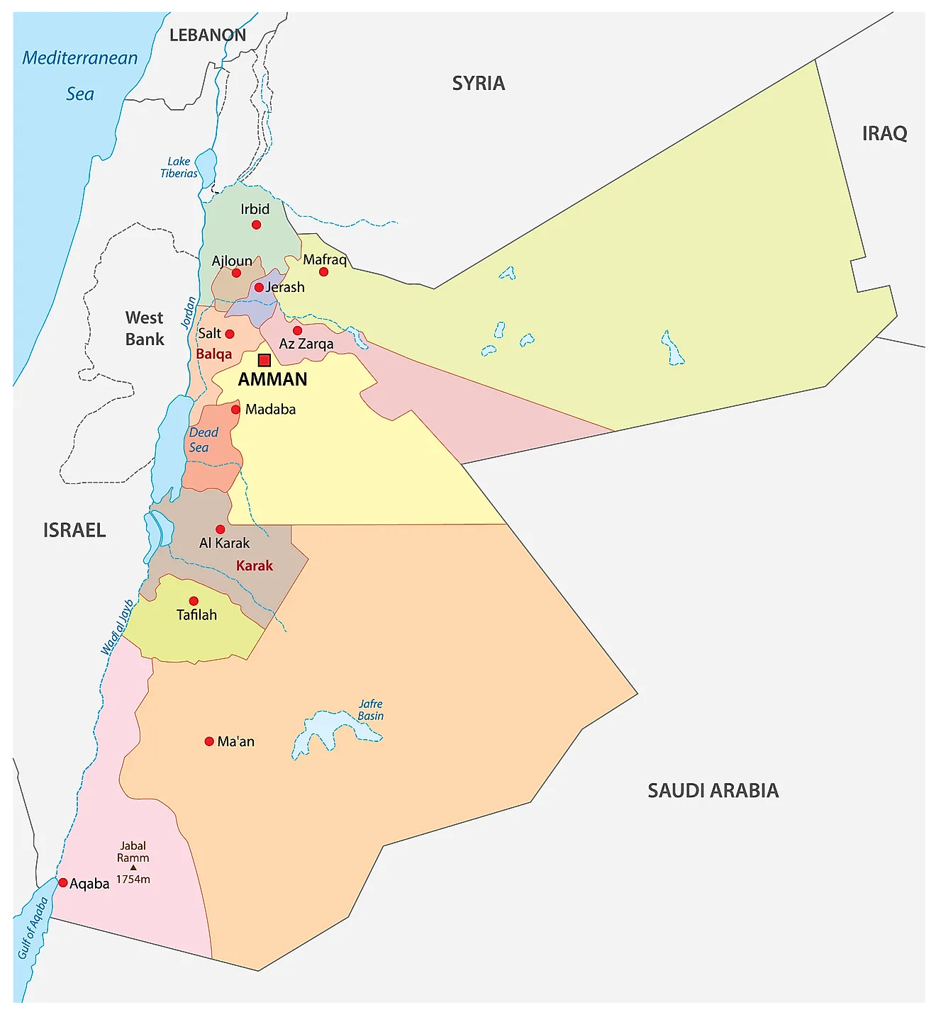 Political Map of Jordan displaying 12 governorates and the national capital of Amman.