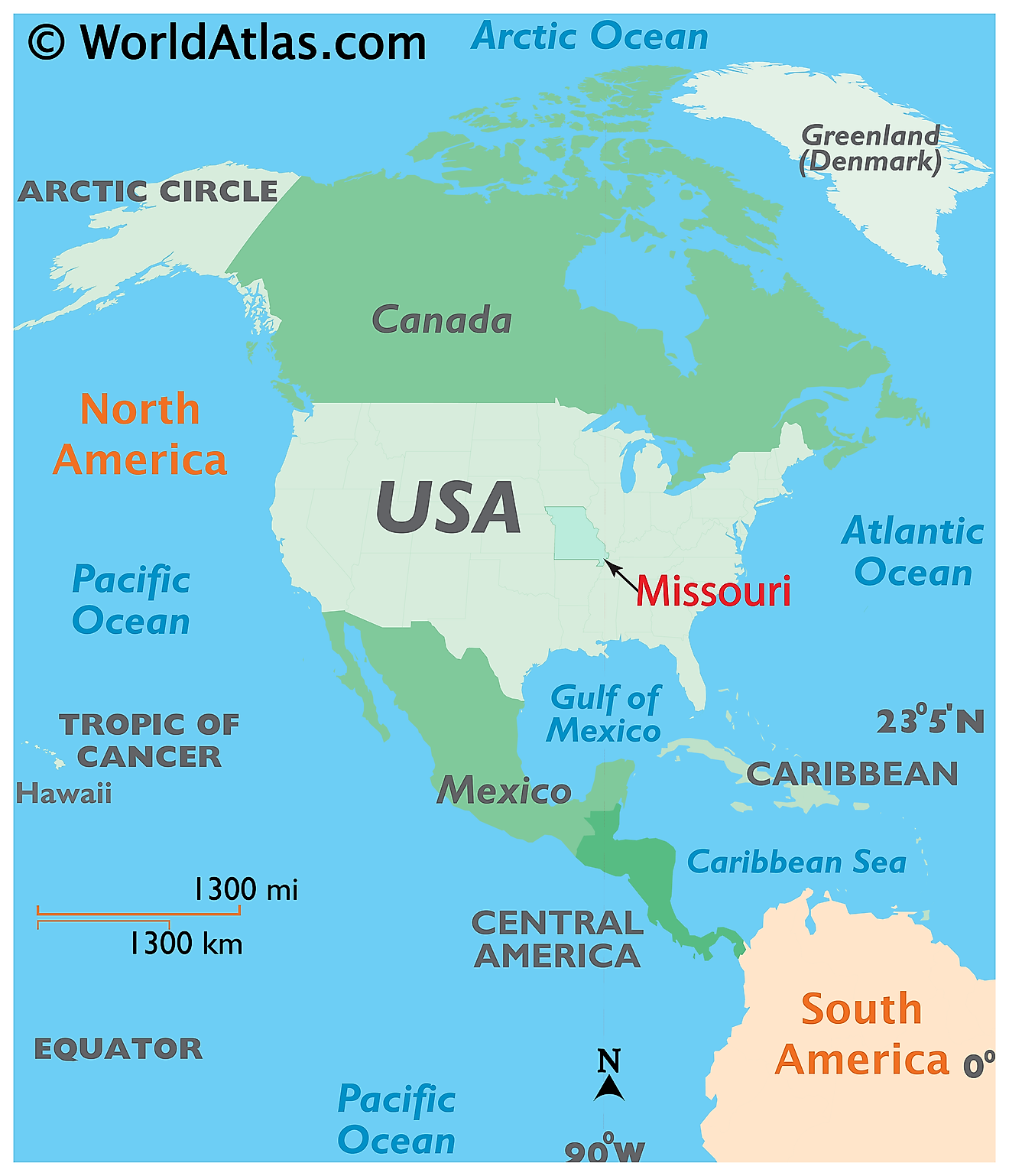 Mapa que muestra la ubicación de Missouri en el mundo.