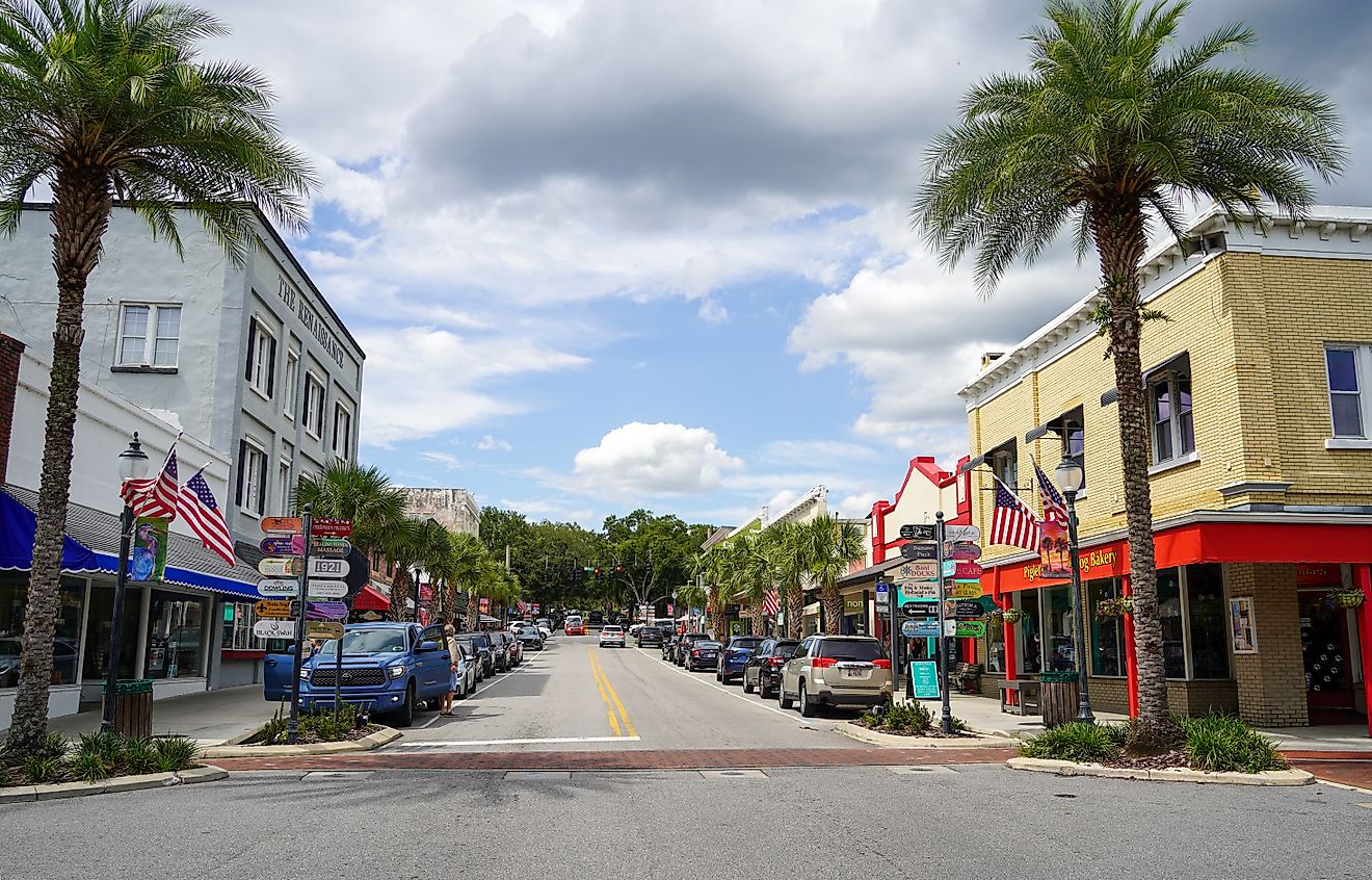 Mount Dora, Florida USA - July 28, 2023: Downtown town center area of Mount Dora.