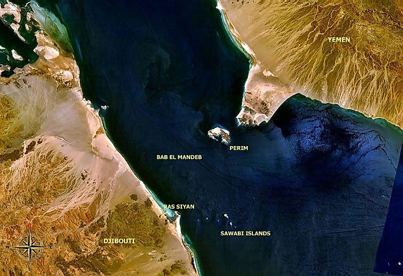 NASA satellite image of the portion of the Bab El-Mandeb Strait passing between Djibouti and Yemen. The Sawabi Islands and Yemen's Perim Island lie in its midst.