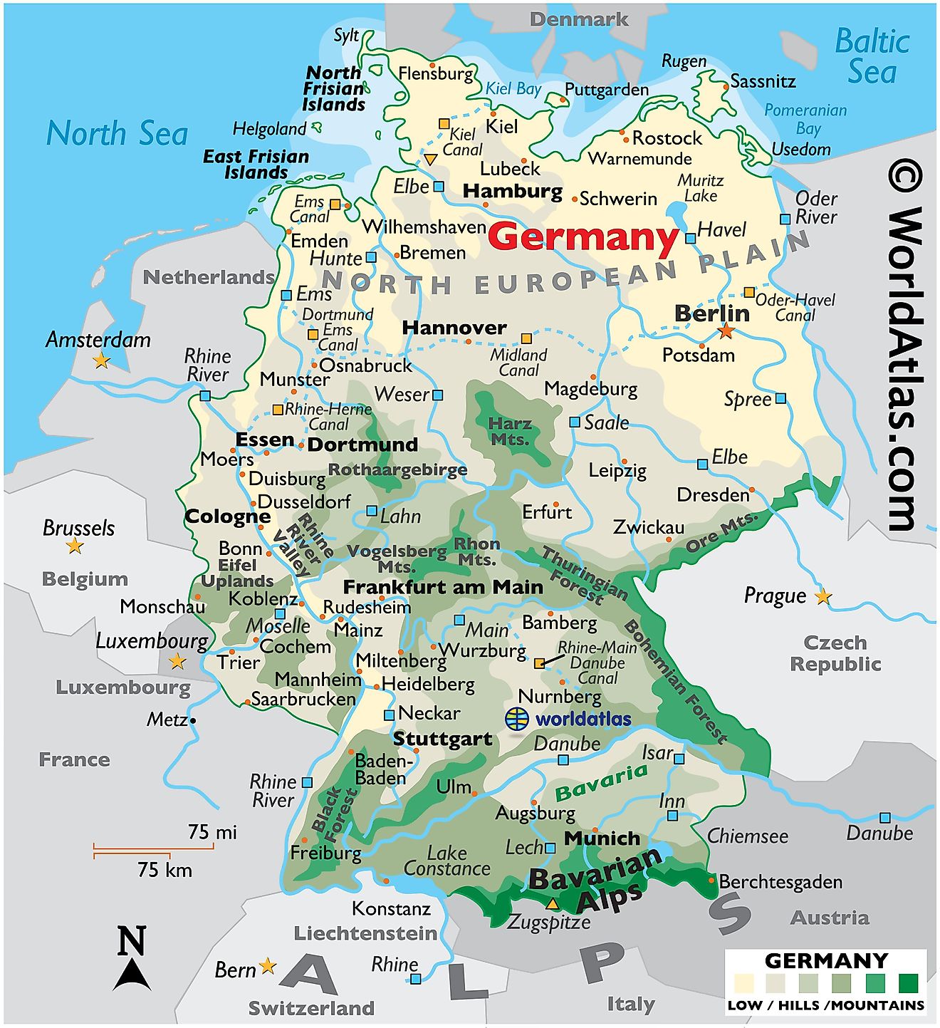 Physical Map of the Germany showing terrain, mountain ranges, extreme points, major rivers, important cities, international boundaries, etc.