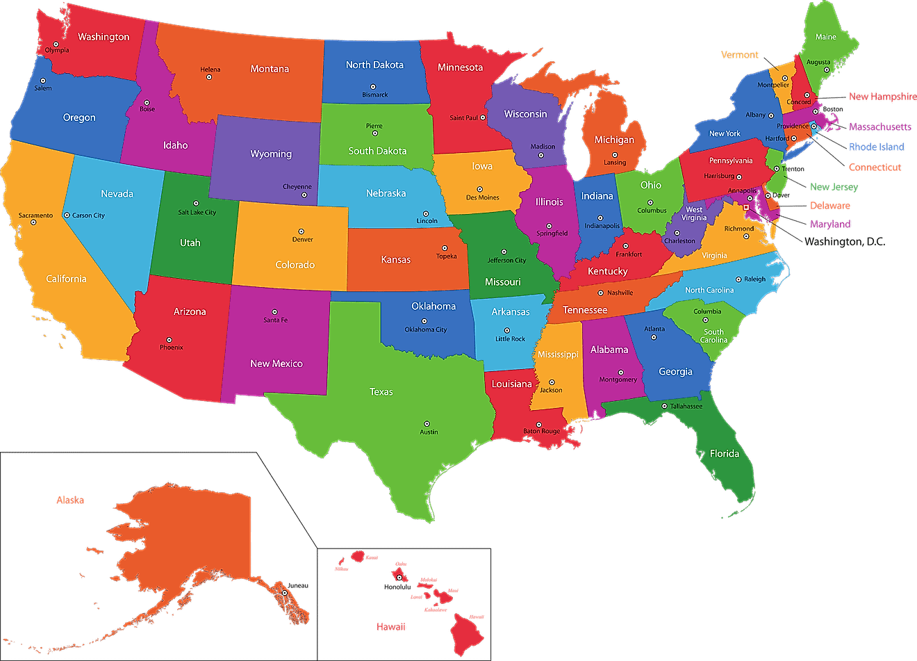 Map showing the US capital cities.