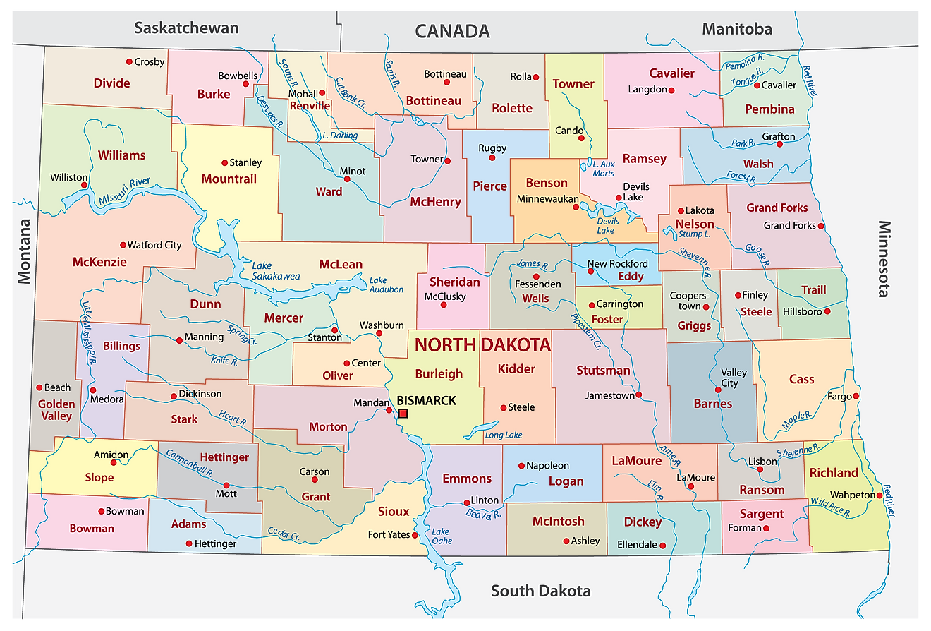 Mapa administrativo de Dakota del Norte que muestra sus 53 condados y la ciudad capital - Bismarck