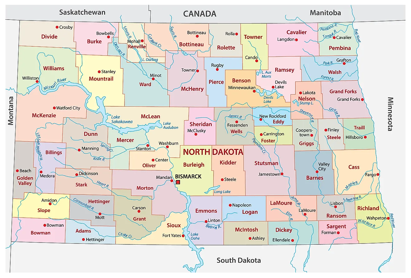 Administrative Map of North Dakota showing its 53 counties and the capital city - Bismarck