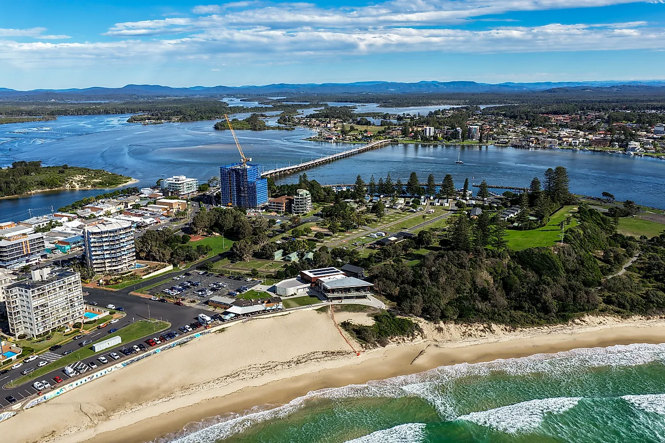 Aerial scene capturing Wallis lake and the township of Forster in NSW. 