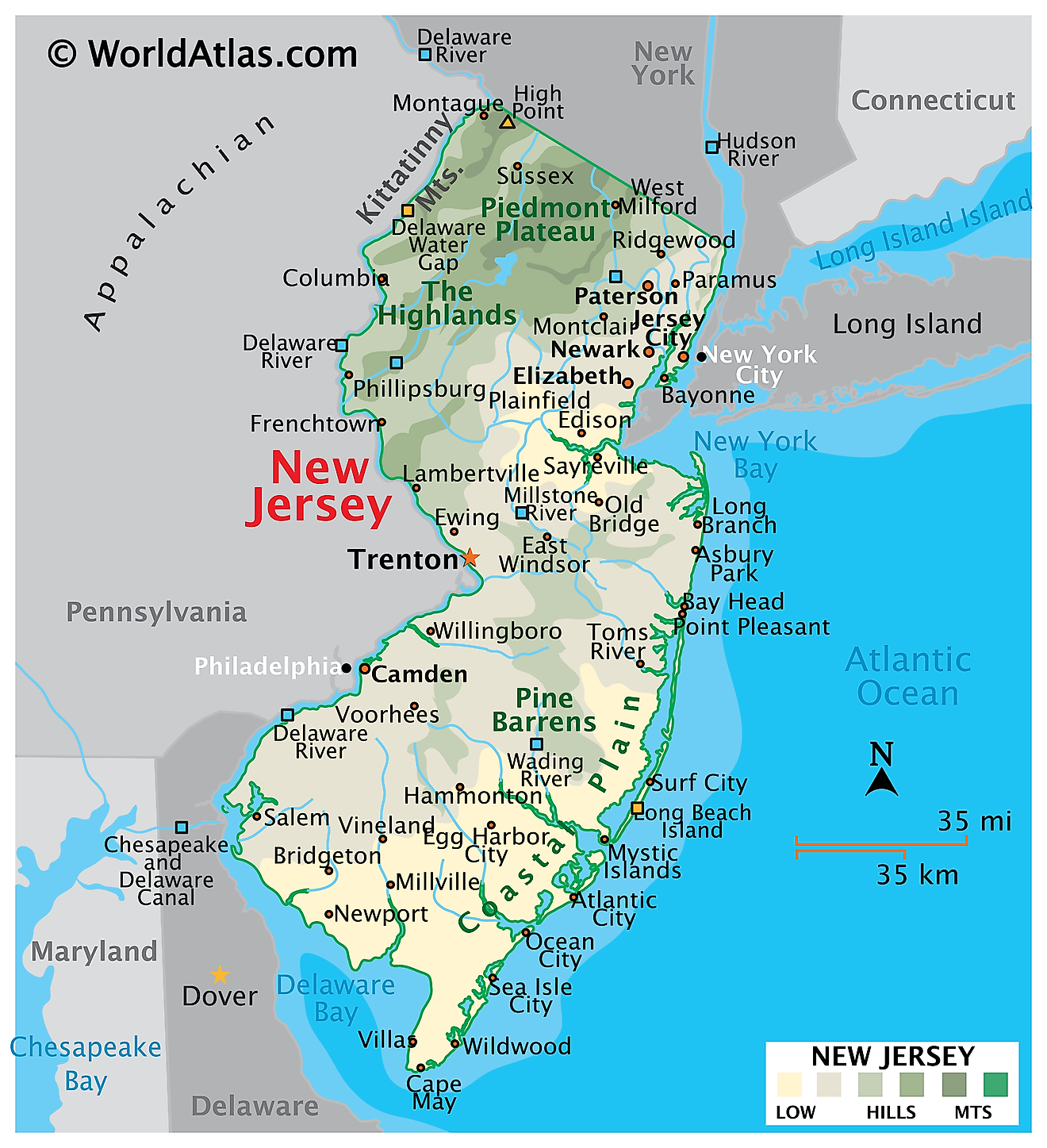 Mapa físico de Nueva Jersey. Muestra las características físicas de Nueva Jersey, incluidas sus cadenas montañosas, los principales ríos y lagos.