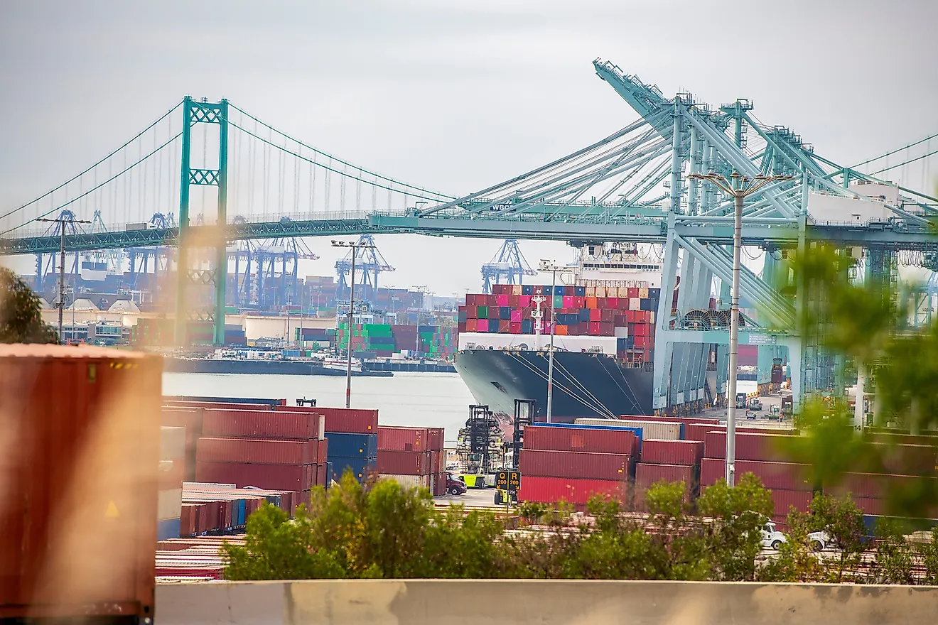 View on ships and shipping containers in port at Long Beach Harbor
